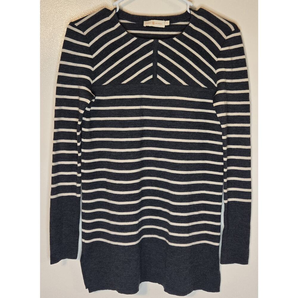 Tory Burch Tunic Sweater Women's 100% Merino Wool Gray Cream Striped Slits Small